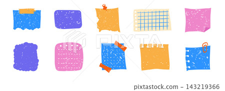 Paper notes and memo frames with crayon texture doodle scribble set. Grid paper notebook pages with torn edges, retro bullet journals and school graph. Reminders, sticky notes. Paper notes and memo frames with crayon texture doodle scribble set. Grid paper notebook pages with torn edges, retro bullet journals and school graph. Reminders, sticky notes. 143219366