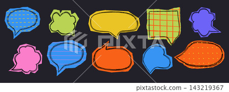 Paper cut out speech bubbles and stickers in Y2K retro style set. Stickers featuring speech bubbles, hearts, and retro elements. Scrapbook set collage pieces with torn edges. Paper cut out speech bubbles and stickers in Y2K retro style set. Stickers featuring speech bubbles, hearts, and retro elements. Scrapbook set collage pieces with torn edges. 143219367