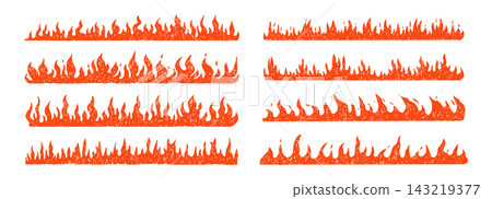 Horizontal dynamic flame border divider, hand drawn crayon scribble texture set. Hot burning campfire silhouettes create striking decorative footer. Collage sketch designs and retro illustrations Horizontal dynamic flame border divider, hand drawn crayon scribble texture set. Hot burning campfire silhouettes create striking decorative footer. Collage sketch designs and retro illustrations 143219377