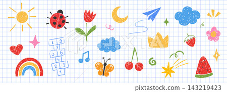 Chalk scribble set childlike elements, crayon pencil kindergarten doodle icons. Preschool bug, stars, flowers, games in sketch style Chalk scribble set childlike elements, crayon pencil kindergarten doodle icons. Preschool bug, stars, flowers, games in sketch style 143219423