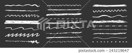 Underline crayon, chalk texture doodles highlight strokes on blackboard. Scribble collection. Scrawl separator line divider hand drawn squiggle border set. Straight, wavy and zigzag underlines 143219647