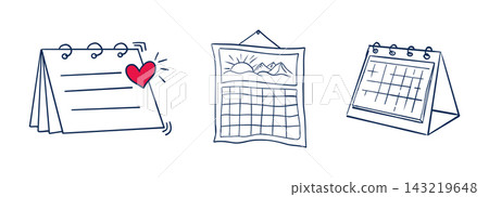 Calendar sketchy planner icon doodle grid icon, hand drawn. Hanging desk line schedule set. Reminder and calendar with a check 143219648