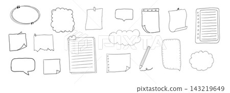 Memo sticky notes, set paper reminder. Doodle pages with tape, marks, pin, paperclip frames doodle style. Notebook bullet dairy list, funny retro drawing. Memo sticky notes, set paper reminder. Doodle pages with tape, marks, pin, paperclip frames doodle style. Notebook bullet dairy list, funny retro drawing. 143219649