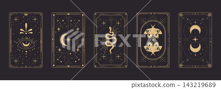 Mystical tarot reverce border card frame with celestial moon, snake, moth pattern. Esoteric boho sacred cover design featuring magical symbols for spiritual illustration and occult art projects. Mystical tarot reverce border card frame with celestial moon, snake, moth pattern. Esoteric boho sacred cover design featuring magical symbols for spiritual illustration and occult art projects. 143219689