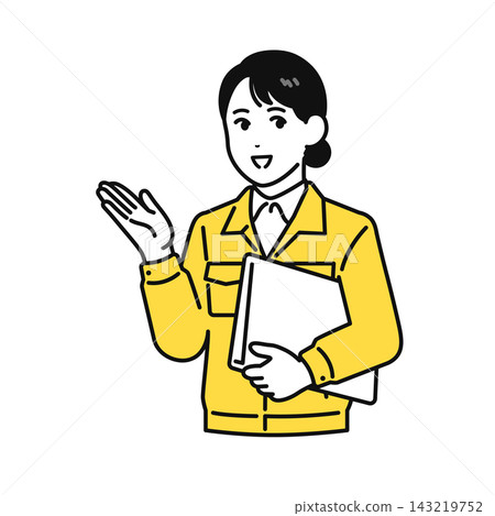 A young woman in work clothes holding a file and giving an explanation. A young woman in work clothes holding a file and giving an explanation. 143219752
