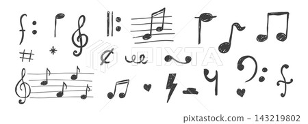 Set music note cutout stickers in retro collage style. Retro paper scrapbook elements. Scribble textured sketch symbols. For creative designs and scrapbook art collections. Set music note cutout stickers in retro collage style. Retro paper scrapbook elements. Scribble textured sketch symbols. For creative designs and scrapbook art collections. 143219802