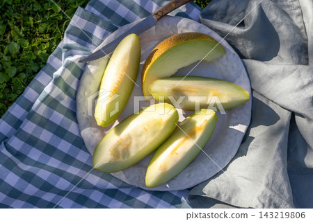 Fresh juicy melon slices arranged on a ceramic plate on a checkered tablecloth Fresh juicy melon slices arranged on a ceramic plate on a checkered tablecloth 143219806