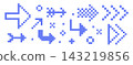 Retro blue pixel art arrow icons in 8 bit arcade style Y2K. Interface icon set. Geometric play buttons and retro game cursors. Trendy digital collection 143219856