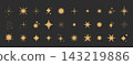 Mystic star set golden celestial magical atmosphere. Yellow star shine twinkle glow on dark background. Boho star blink gold sparkle, sparkle fireworks, holiday party explosion 143219886