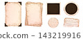 Old parchment set scrapbook elements. Worn, torn edges and grunge texture. Labels, vintage frames, background. Grunge antique letter designs, historical notes, or adventure game elements.  143219916