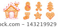 Gingerbread cute set, winter homemade cookies of different shapes and sizes. Gingerbread house, man, snowman, star, heart and fir tree. Bright cute bakery with icing ornament.  143219929