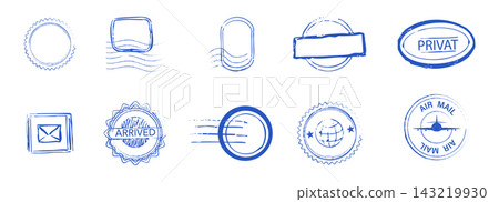 Grunge postage stamp vintage airmail set. Postal seal textured design featuring wavy borders and retro travel frame for envelope decoration and scrapbook projects. Grunge postage stamp vintage airmail set. Postal seal textured design featuring wavy borders and retro travel frame for envelope decoration and scrapbook projects. 143219930