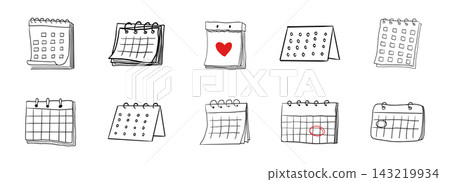 Calendar sketchy planner icon doodle grid icon, hand drawn. Hanging desk line schedule set. Reminder and calendar with a check Calendar sketchy planner icon doodle grid icon, hand drawn. Hanging desk line schedule set. Reminder and calendar with a check 143219934