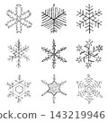 A set of 9 hand-drawn snowflake designs (line art, transparent background). 143219946