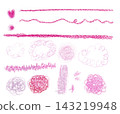 Pink colored pencil drawing set of lines, hearts, and doodles (transparent) 143219948