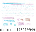 A set of lines, wavy lines, and shapes drawn with pastel colored pencils (transparent). 143219949