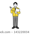 A young man in work clothes explains while holding documents. 143220034