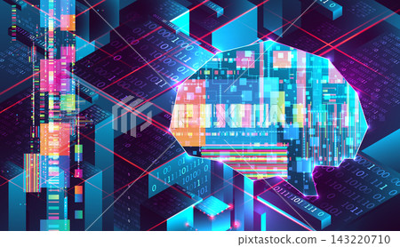 Futuristic AI brain and data center isometric. Futuristic AI brain and data center isometric. 143220710