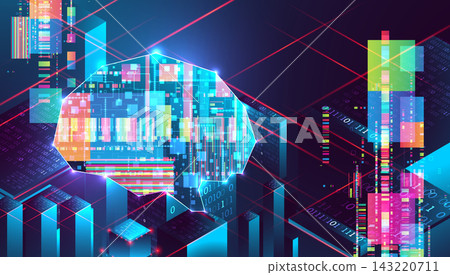 Futuristic AI brain and data center isometric. Futuristic AI brain and data center isometric. 143220711