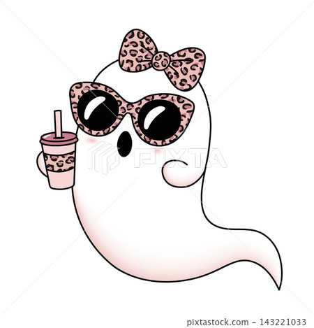 Cute girly Halloween ghost with leopard bow, sunglasses and coffee, isolated on transparent background. Happy Halloween. PNG. Vector illustration Cute girly Halloween ghost with leopard bow, sunglasses and coffee, isolated on transparent background. Happy Halloween. PNG. Vector illustration 143221033