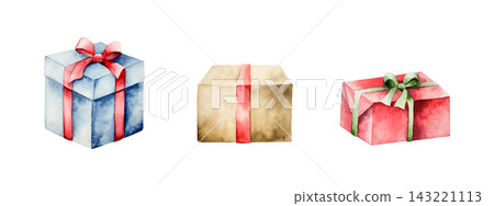Watercolor gift boxes set isolated on white background. Hand drawn festive present bundle with ribbon bows for Christmas and birthday greeting cards. Detailed realistic blue, pink and kraft elements c Watercolor gift boxes set isolated on white background. Hand drawn festive present bundle with ribbon bows for Christmas and birthday greeting cards. Detailed realistic blue, pink and kraft elements c 143221113