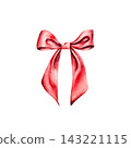 Watercolor red silk ribbon bow isolated on white background. Hand drawn satin gift bow illustration for Christmas decor and holiday package design. Detailed realistic romantic element for modern weddi 143221115
