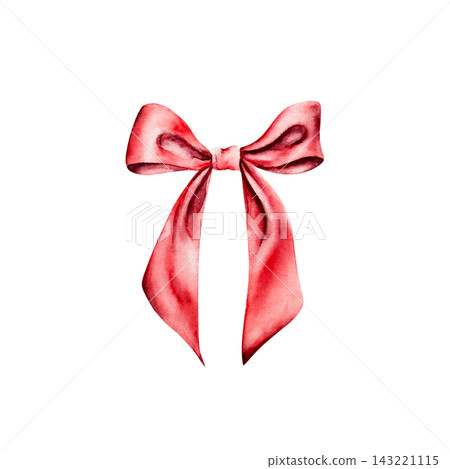 Watercolor red silk ribbon bow isolated on white background. Hand drawn satin gift bow illustration for Christmas decor and holiday package design. Detailed realistic romantic element for modern weddi Watercolor red silk ribbon bow isolated on white background. Hand drawn satin gift bow illustration for Christmas decor and holiday package design. Detailed realistic romantic element for modern weddi 143221115