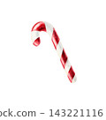 Watercolor Christmas sugar candy cane isolated on white background. Hand drawn striped lollipop, traditional holiday sweet food illustration for New Year menu design, festive confectionery packaging,  143221116