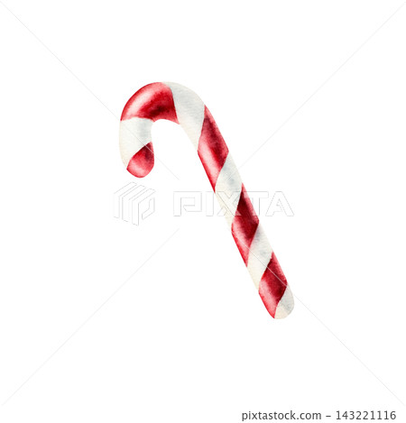 Watercolor Christmas sugar candy cane isolated on white background. Hand drawn striped lollipop, traditional holiday sweet food illustration for New Year menu design, festive confectionery packaging, Watercolor Christmas sugar candy cane isolated on white background. Hand drawn striped lollipop, traditional holiday sweet food illustration for New Year menu design, festive confectionery packaging, 143221116