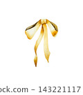 Watercolor yellow silk ribbon bow isolated on white background. Hand drawn satin gift bow illustration for Christmas decor and holiday package design. Detailed realistic romantic element for modern we 143221117