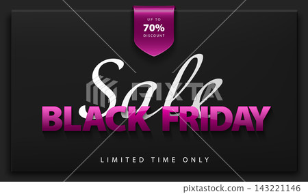 Black Friday Sale vector horizontal black studio banner. Glossy pink and white text on black poster background. Pink ribbon sticker banner. Limited time only up to 70 discount Black Friday Sale vector horizontal black studio banner. Glossy pink and white text on black poster background. Pink ribbon sticker banner. Limited time only up to 70 discount 143221146
