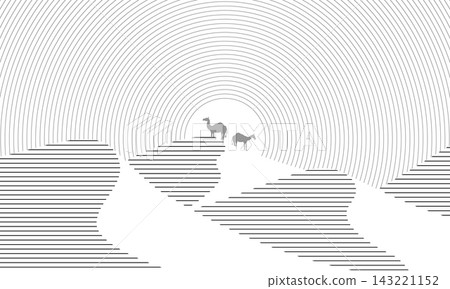 Minimalist desert landscape with two camels on sand dunes under sun. Abstract monochrome contour lines vector style flowing line art, minimal illustration representing travel Middle East scenery Minimalist desert landscape with two camels on sand dunes under sun. Abstract monochrome contour lines vector style flowing line art, minimal illustration representing travel Middle East scenery 143221152