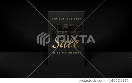 Black Friday Sale vector black studio banner. Glossy black text with thin golden frame on dark grey background. Window and gift glass effect reflection on letters. Limited time only up to 70 discount Black Friday Sale vector black studio banner. Glossy black text with thin golden frame on dark grey background. Window and gift glass effect reflection on letters. Limited time only up to 70 discount 143221171