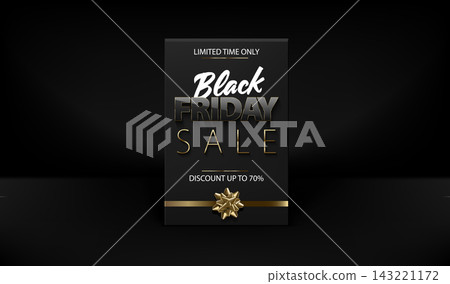 Black Friday Sale vector black studio banner. Glossy black text and golden gift ribbon bow on dark grey background. Glass effect reflection on letters. Limited time only up to 70 discount Black Friday Sale vector black studio banner. Glossy black text and golden gift ribbon bow on dark grey background. Glass effect reflection on letters. Limited time only up to 70 discount 143221172
