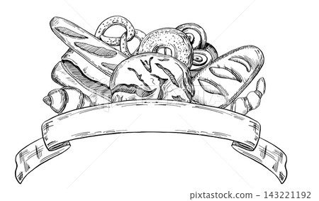 Vector illustration of baked goods with a ribbon for text. An isolated illustration suitable for decorating bakeries, cafes, food delivery services, kitchen textiles, menus, logos, and culinary blogs. 143221192