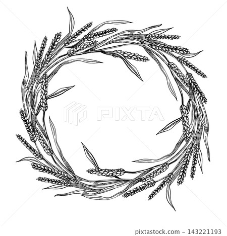 Vector illustration of a wheat ear wreath. Suitable for bakery and agricultural firm branding, invitation designs, restaurant menus, packaging, agricultural festivals, and flour brands. Vector illustration of a wheat ear wreath. Suitable for bakery and agricultural firm branding, invitation designs, restaurant menus, packaging, agricultural festivals, and flour brands. 143221193