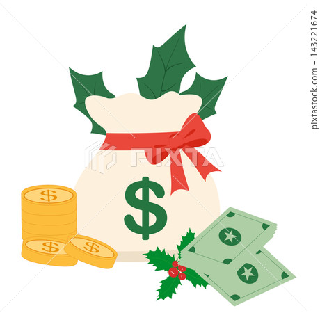Christmas stocking with gold coins and candy cane illustration, great for xmas holiday decorations, gift promo banners, and stocking stickers Christmas stocking with gold coins and candy cane illustration, great for xmas holiday decorations, gift promo banners, and stocking stickers 143221674