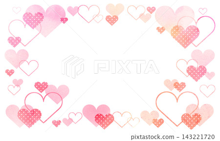 A cute frame filled with colorful hearts in pink and orange watercolors. A cute frame filled with colorful hearts in pink and orange watercolors. 143221720