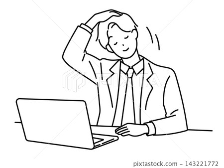 An illustration of a male office worker stretching his neck at his desk. An illustration of a male office worker stretching his neck at his desk. 143221772