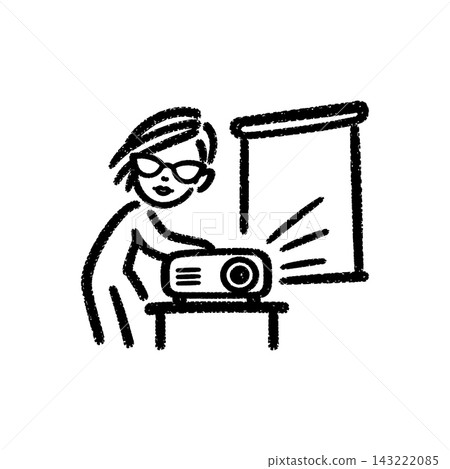 Woman setting up a projector for a home cinema, brush-stroke icon 143222085
