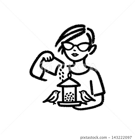 Woman filling a bird feeder with seeds, brush-stroke icon 143222097