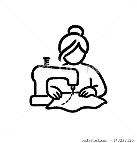 Woman sewing fabric with a sewing machine, brush-stroke icon Woman sewing fabric with a sewing machine, brush-stroke icon 143222120