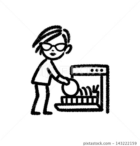 Woman loading a dishwasher, brush-stroke icon Woman loading a dishwasher, brush-stroke icon 143222159