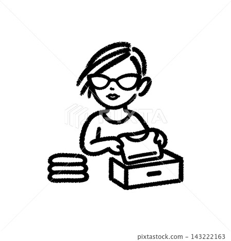 Woman folding clothes into a drawer, brush-stroke icon Woman folding clothes into a drawer, brush-stroke icon 143222163