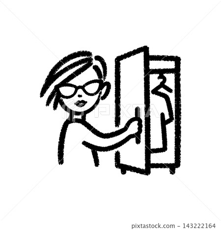 Woman opening a wardrobe with hanging clothes, brush-stroke icon Woman opening a wardrobe with hanging clothes, brush-stroke icon 143222164