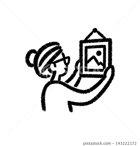 Woman holding a framed picture to hang on a wall, brush-stroke icon Woman holding a framed picture to hang on a wall, brush-stroke icon 143222172