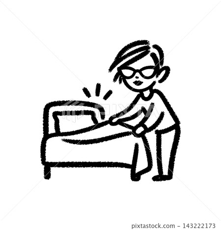 Woman making a bed with fresh sheets, brush-stroke icon Woman making a bed with fresh sheets, brush-stroke icon 143222173
