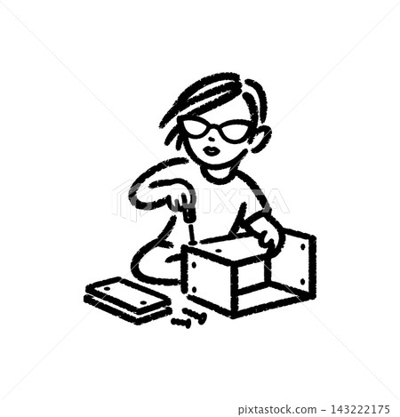 Woman assembling a piece of furniture with tools, brush-stroke icon 143222175