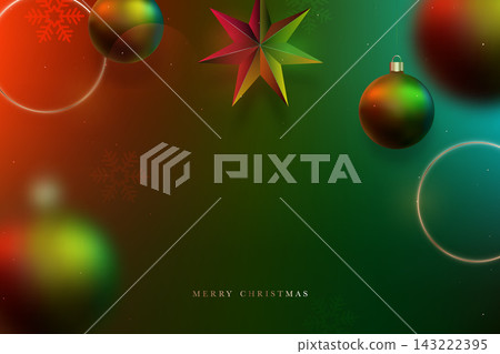Bright ornaments and star create festive atmosphere, blending vibrant colors and shapes Bright ornaments and star create festive atmosphere, blending vibrant colors and shapes 143222395