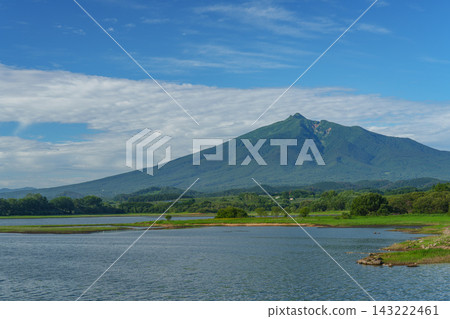 Tsugaru region, Aomori Prefecture: Mawari-seki Reservoir and Mount Iwaki - Beautiful mountain scenery viewed from the waterside. Tsugaru region, Aomori Prefecture: Mawari-seki Reservoir and Mount Iwaki - Beautiful mountain scenery viewed from the waterside. 143222461